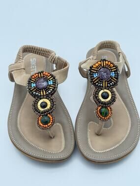 SIKETU Beaded Boho Thong Sandals Beige Multi-Stone Women Sz 37/7